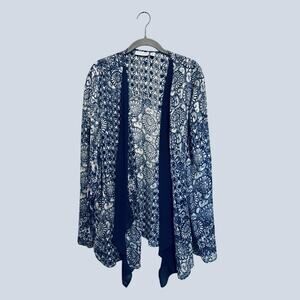 Susan Graver Semi Sheer Open Lightweight Navy White Coastal Beachy Cardigan XL